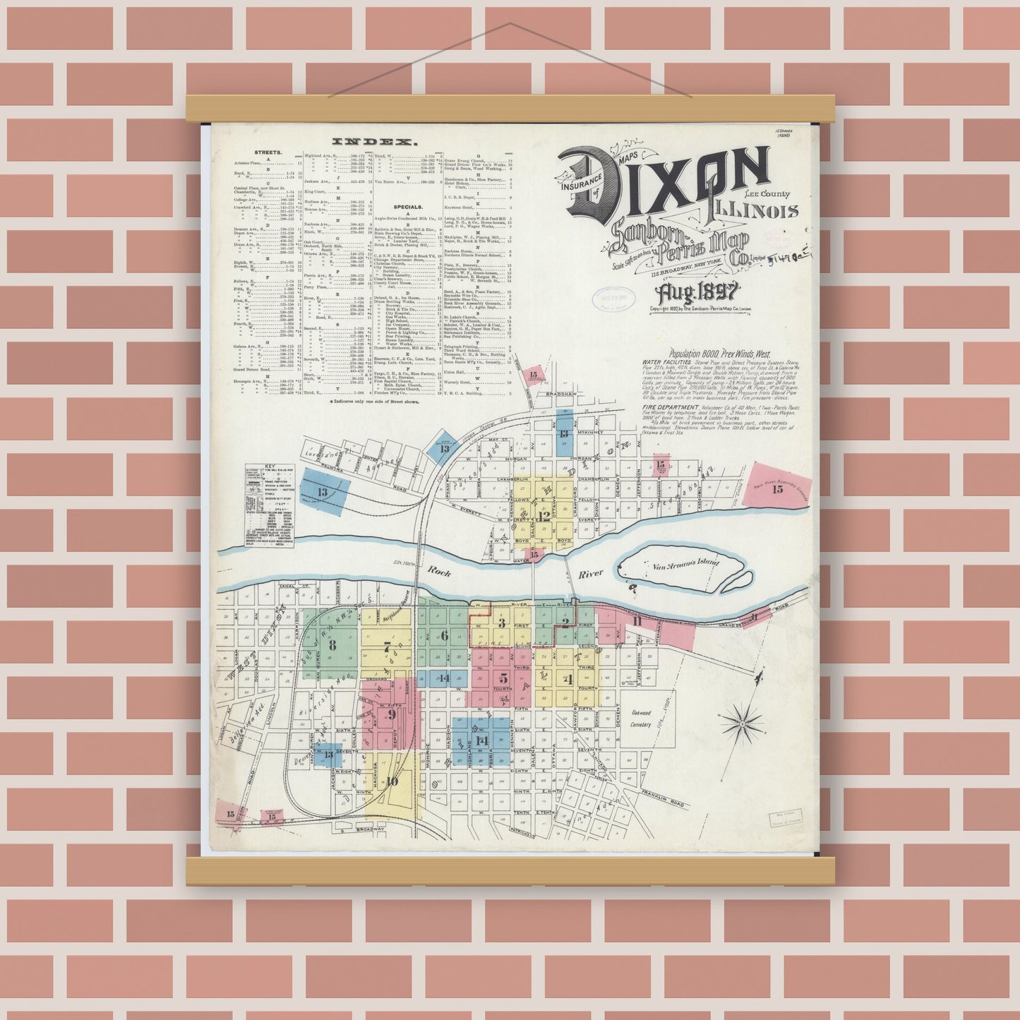 Old map wall art mockup — magnetic wood frame on brick wall — Sanborn Fire Insurance Map from Dixon, Lee County, Illinois (1897) - Complete Map Set