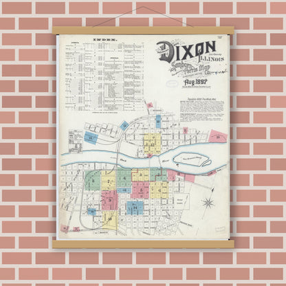 Old map wall art mockup — magnetic wood frame on brick wall — Sanborn Fire Insurance Map from Dixon, Lee County, Illinois (1897) - Complete Map Set