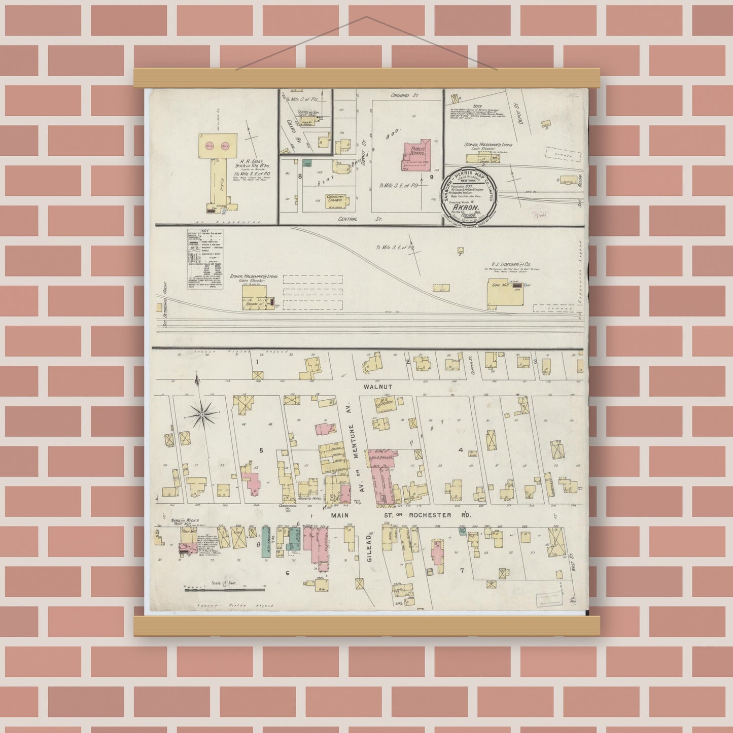 Old map wall art mockup — magnetic wood frame on brick wall — Sanborn Fire Insurance Map from Akron, Fulton County, Indiana (1896), Sheet #0001