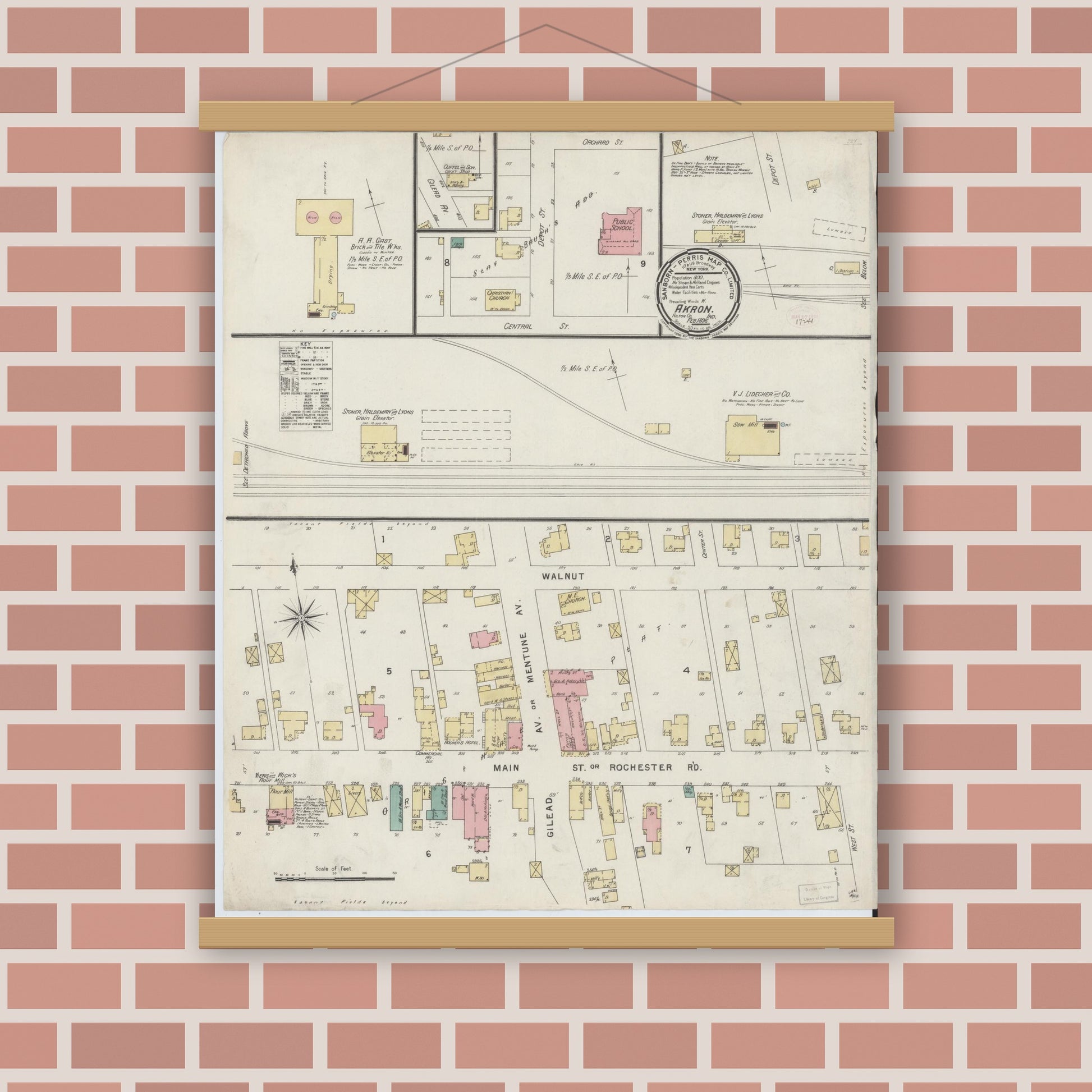 Old map wall art mockup — magnetic wood frame on brick wall — Sanborn Fire Insurance Map from Akron, Fulton County, Indiana (1896), Sheet #0001