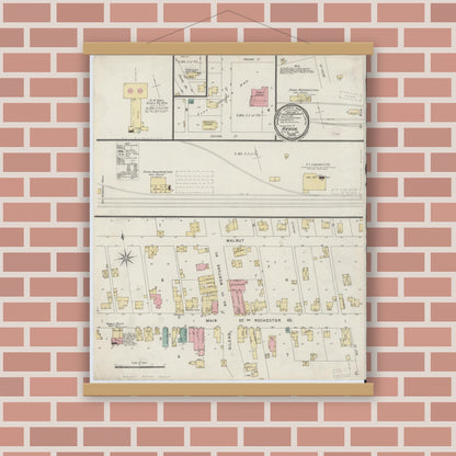 Old map wall art mockup — magnetic wood frame on brick wall — Sanborn Fire Insurance Map from Akron, Fulton County, Indiana (1896), Sheet #0001