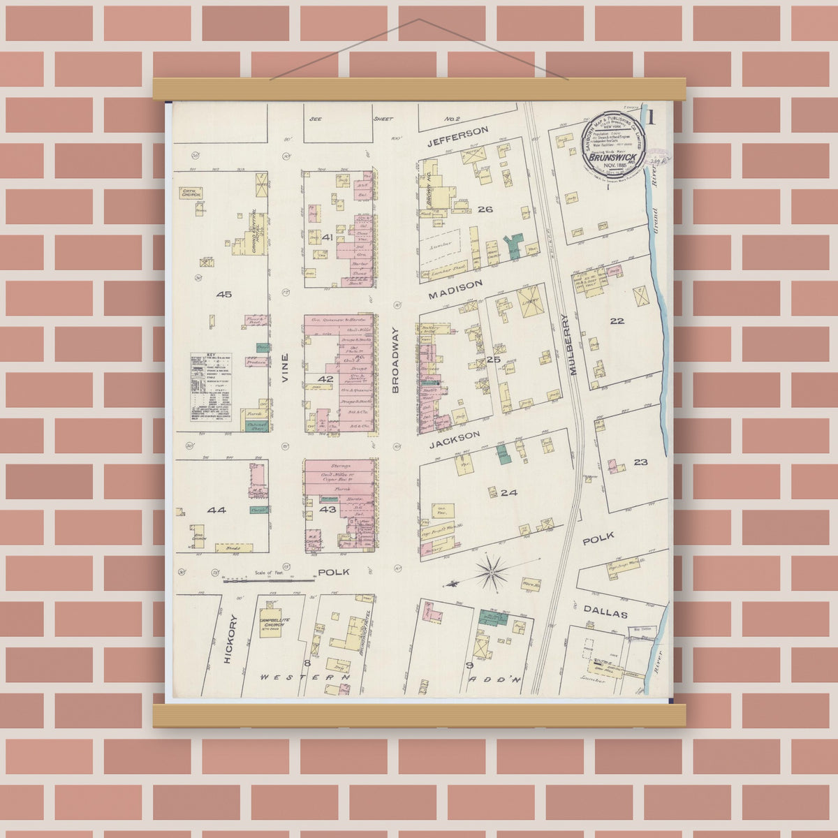 Old map wall art mockup — magnetic wood frame on brick wall — Sanborn Fire Insurance Map from Brunswick, Chariton County, Missouri (1885) - Complete Map Set