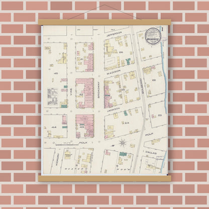 Old map wall art mockup — magnetic wood frame on brick wall — Sanborn Fire Insurance Map from Brunswick, Chariton County, Missouri (1885) - Complete Map Set