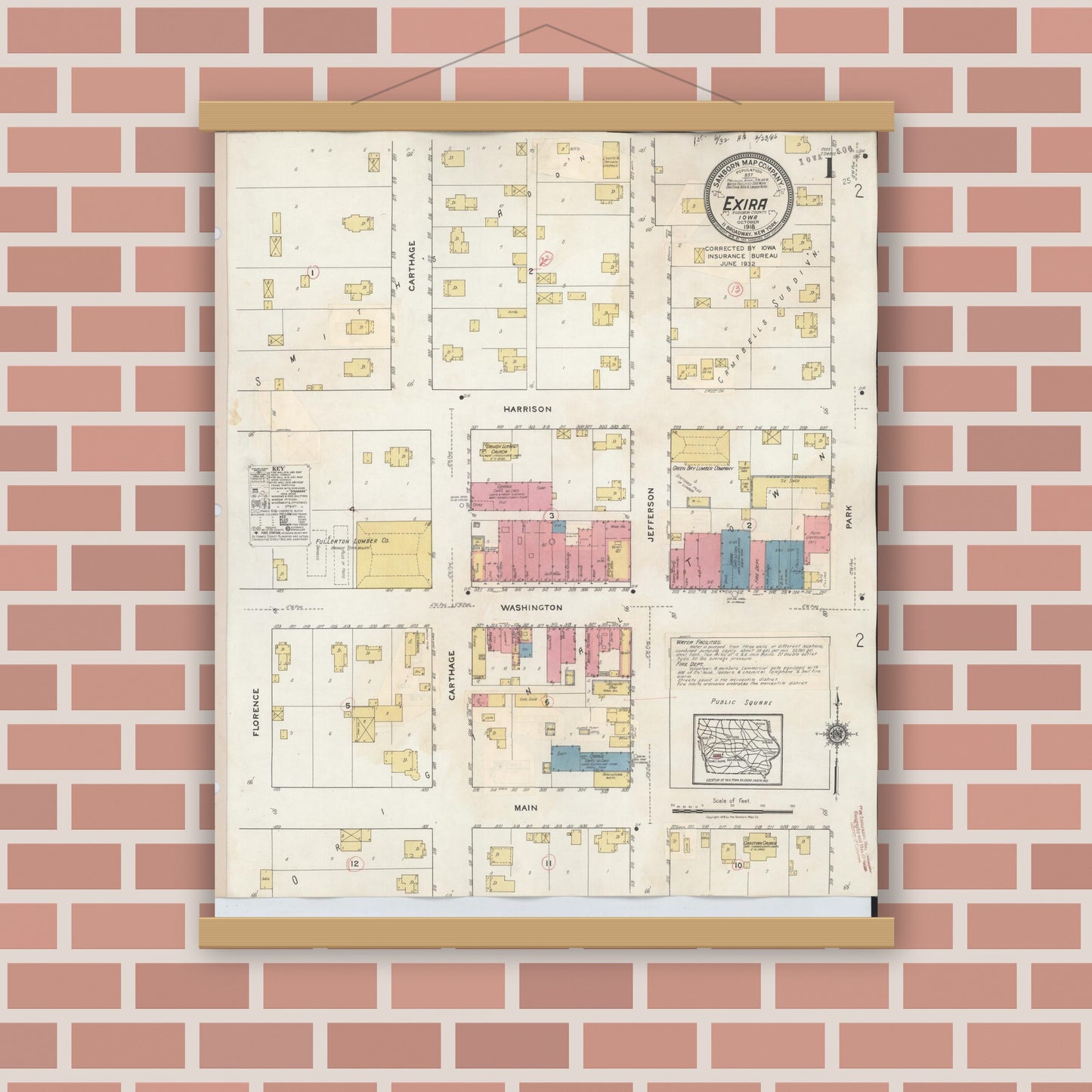 Old map wall art mockup — magnetic wood frame on brick wall — Sanborn Fire Insurance Map from Exira, Audubon County, Iowa (1932), Sheet #0001