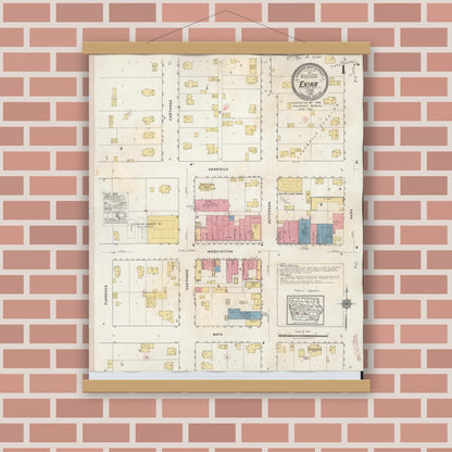 Old map wall art mockup — magnetic wood frame on brick wall — Sanborn Fire Insurance Map from Exira, Audubon County, Iowa (1932), Sheet #0001