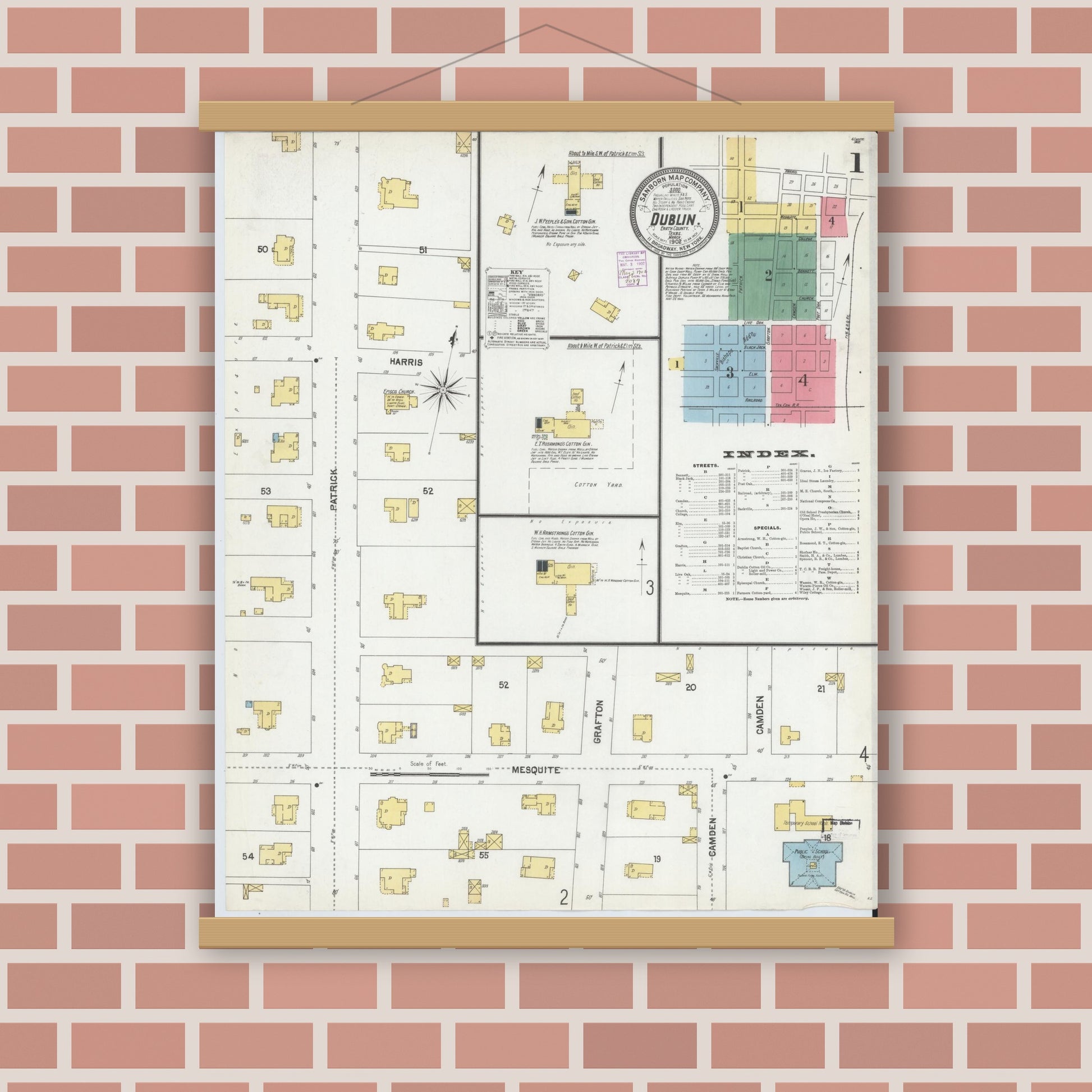 Old map wall art mockup — magnetic wood frame on brick wall — Sanborn Fire Insurance Map from Dublin, Erath County, Texas (1902) - Complete Map Set