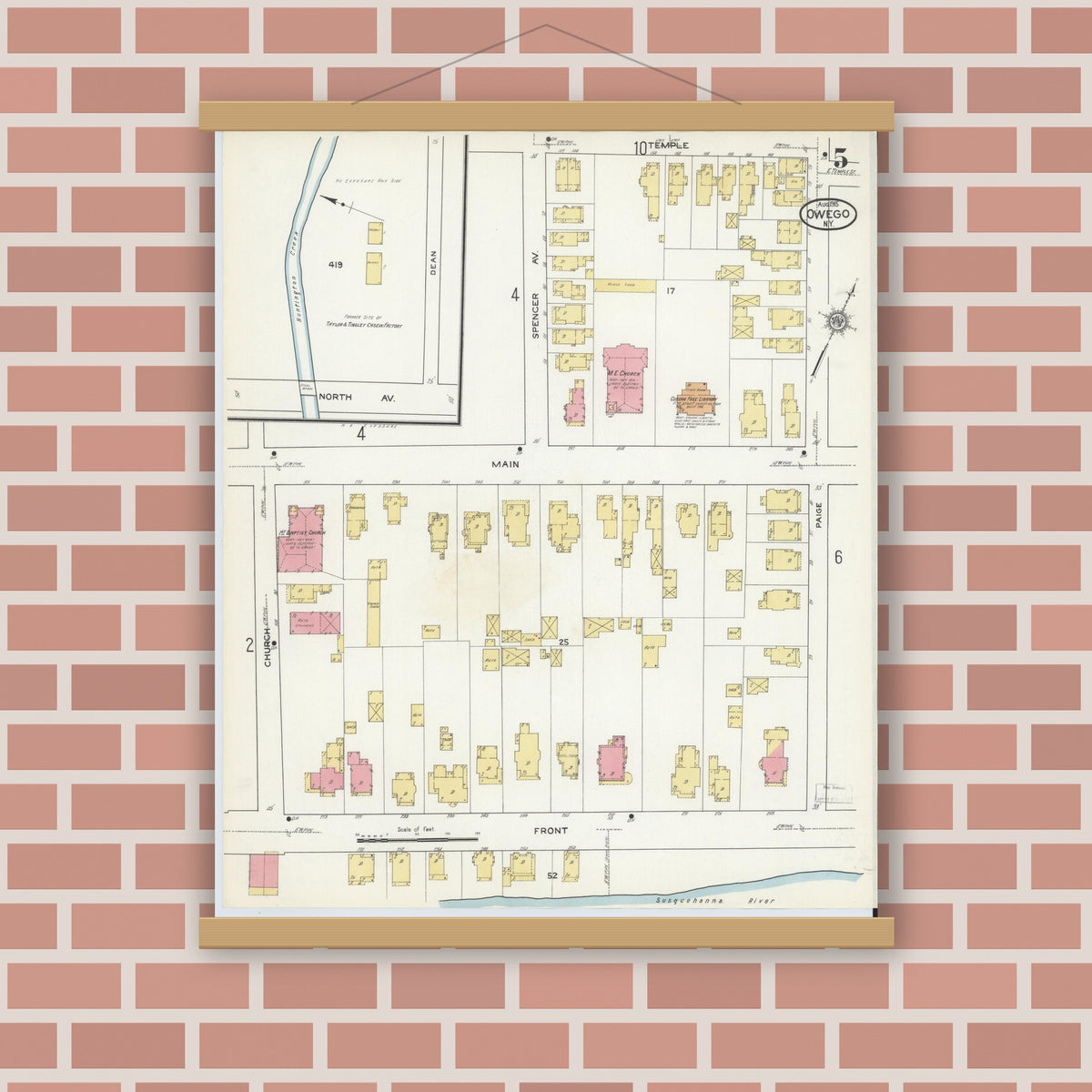 Old map wall art mockup — magnetic wood frame on brick wall — Sanborn Fire Insurance Map from Owego, Tioga County, New York (1915), Sheet #0005