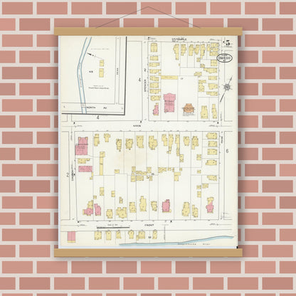 Old map wall art mockup — magnetic wood frame on brick wall — Sanborn Fire Insurance Map from Owego, Tioga County, New York (1915), Sheet #0005