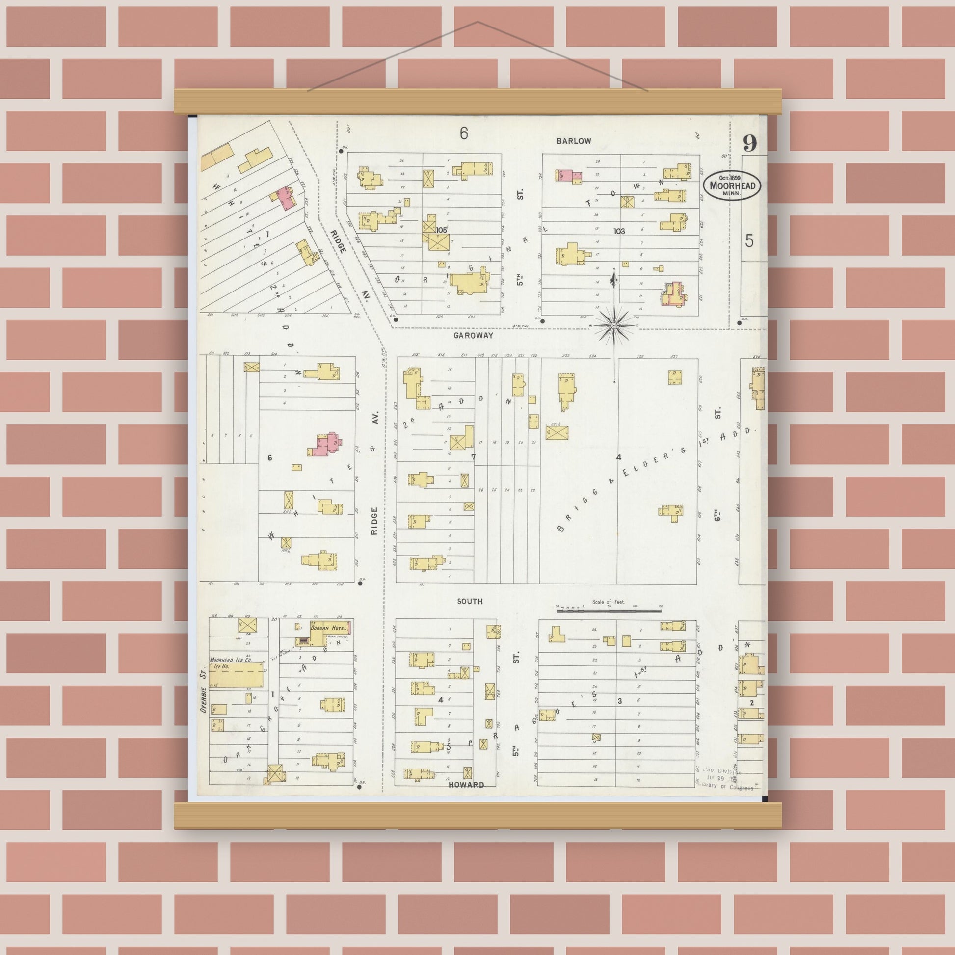 Old map wall art mockup — magnetic wood frame on brick wall — Sanborn Fire Insurance Map from Moorhead, Clay County, Minnesota (1899), Sheet #0009