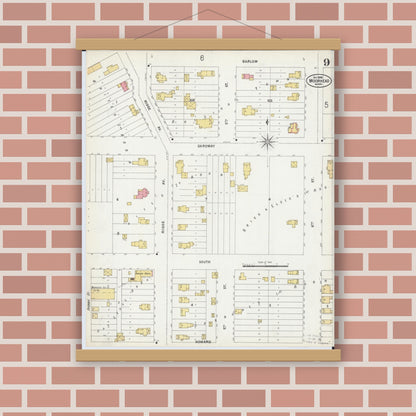 Old map wall art mockup — magnetic wood frame on brick wall — Sanborn Fire Insurance Map from Moorhead, Clay County, Minnesota (1899), Sheet #0009