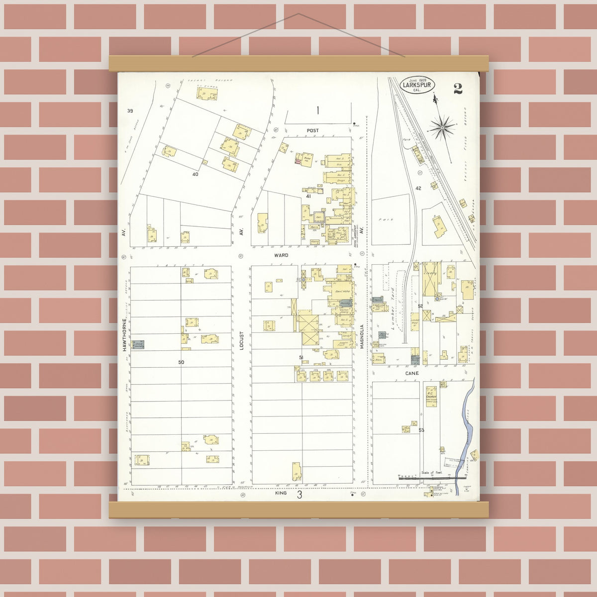 Old map wall art mockup — magnetic wood frame on brick wall — Sanborn Fire Insurance Map from Larkspur, Marin County, California (1909), Sheet #0002