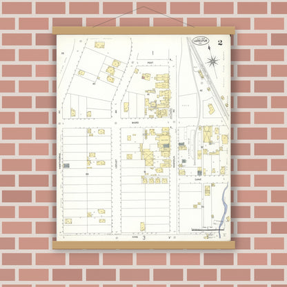 Old map wall art mockup — magnetic wood frame on brick wall — Sanborn Fire Insurance Map from Larkspur, Marin County, California (1909), Sheet #0002