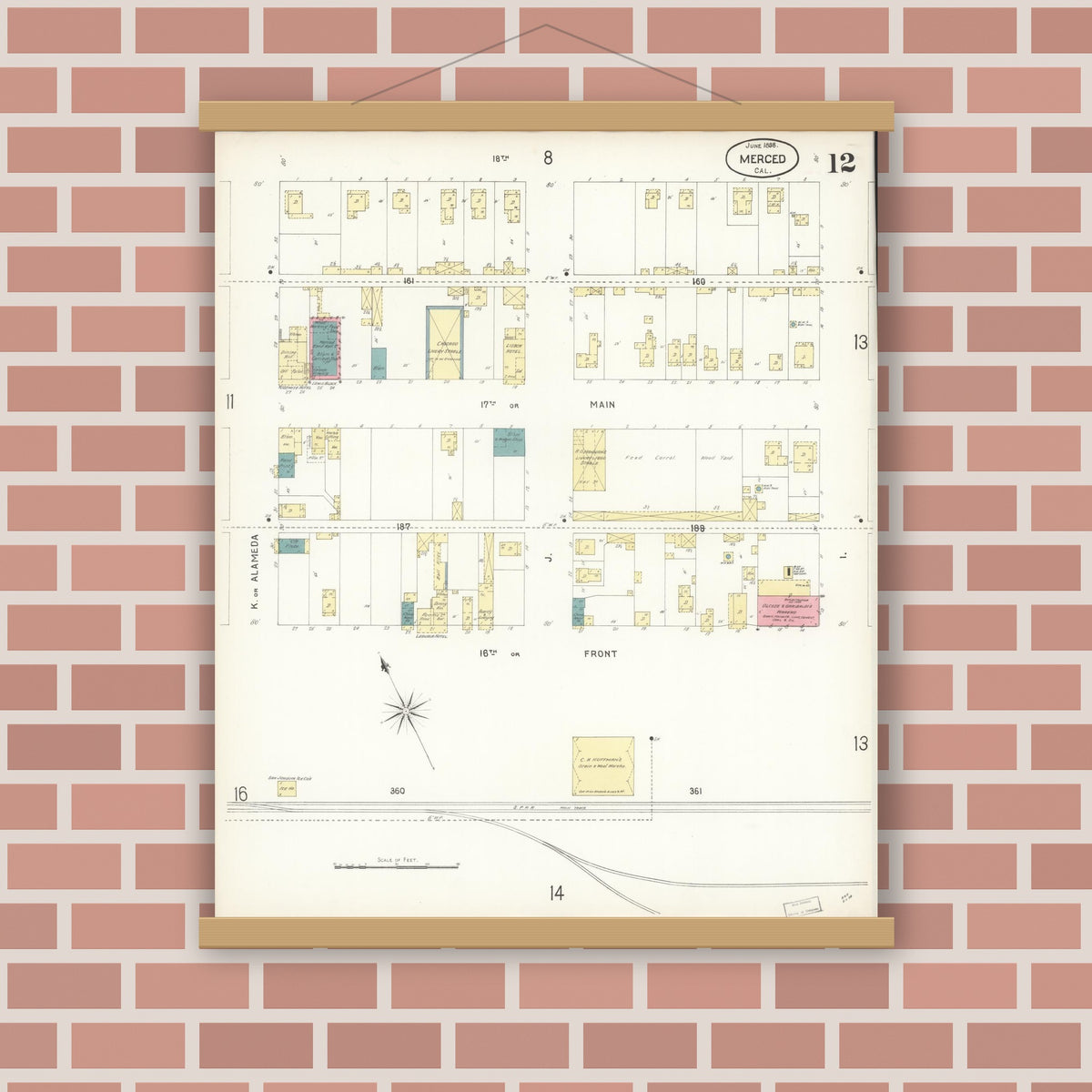 Old map wall art mockup — magnetic wood frame on brick wall — Sanborn Fire Insurance Map from Merced, Merced County, California (1898), Sheet #0012