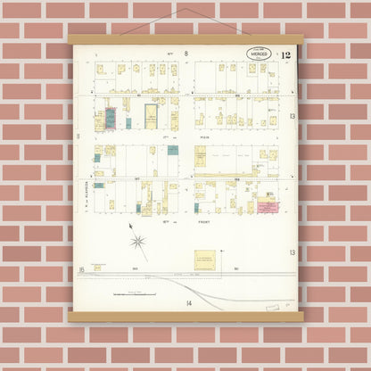 Old map wall art mockup — magnetic wood frame on brick wall — Sanborn Fire Insurance Map from Merced, Merced County, California (1898), Sheet #0012
