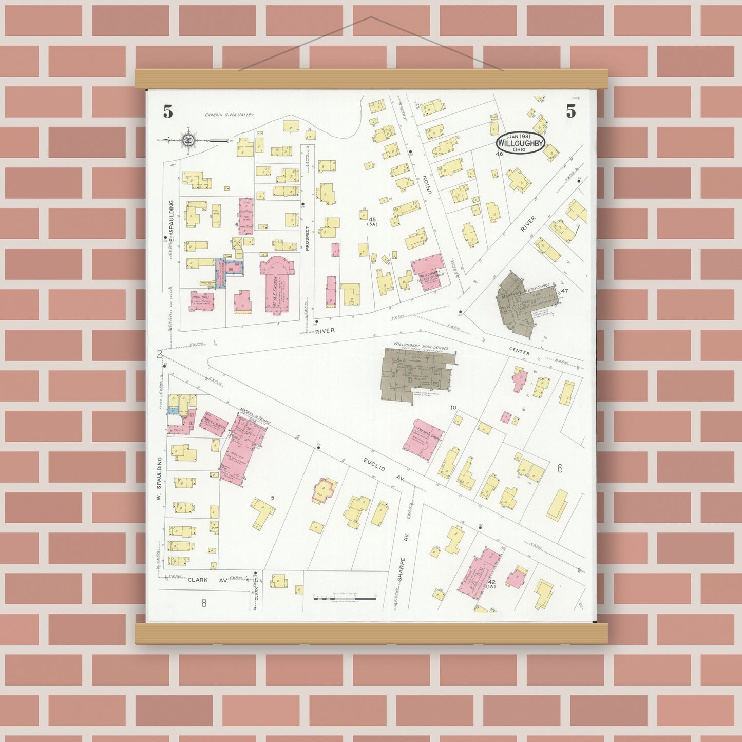Old map wall art mockup — magnetic wood frame on brick wall — Sanborn Fire Insurance Map from Willoughby, Lake County, Ohio (1931), Sheet #0005