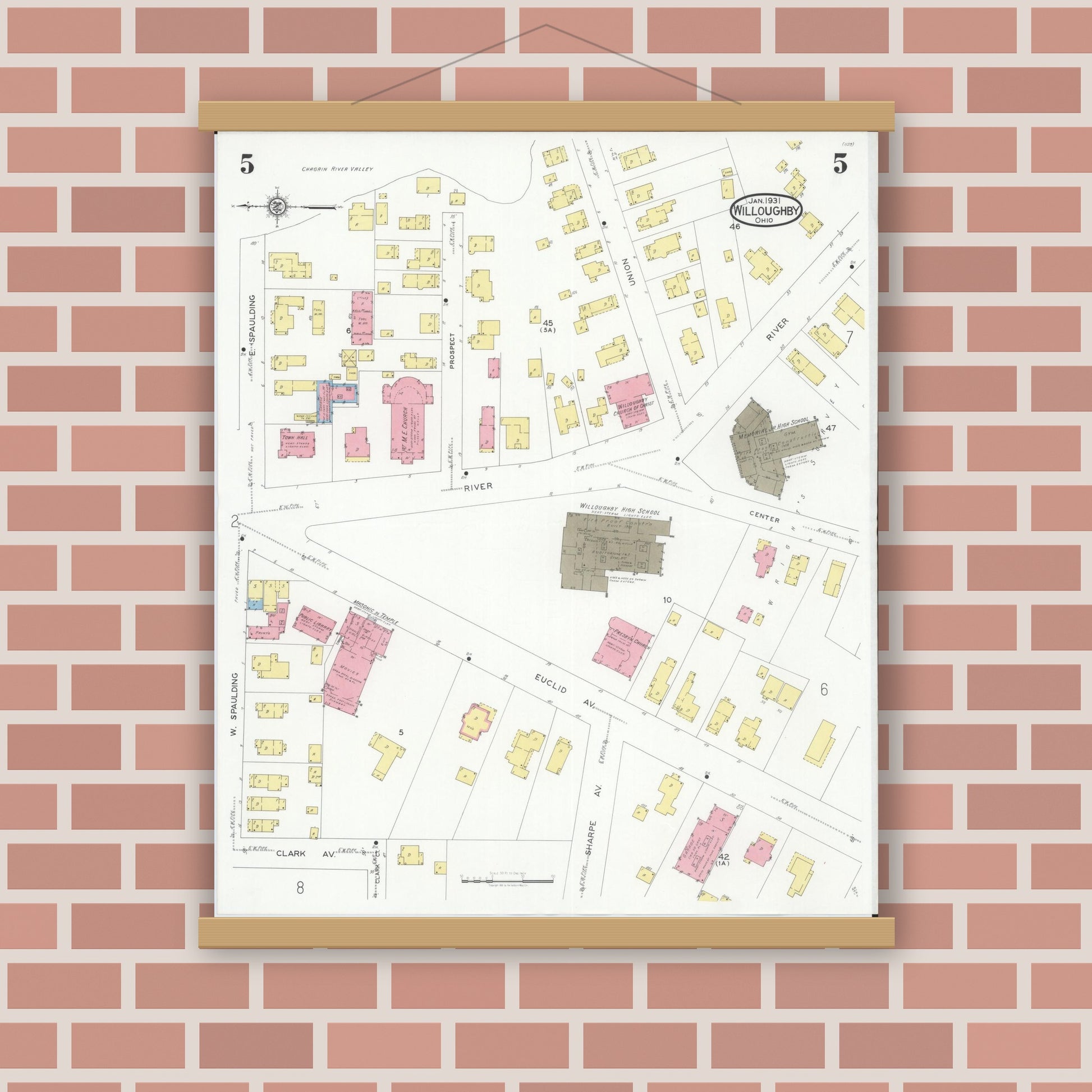 Old map wall art mockup — magnetic wood frame on brick wall — Sanborn Fire Insurance Map from Willoughby, Lake County, Ohio (1931), Sheet #0005