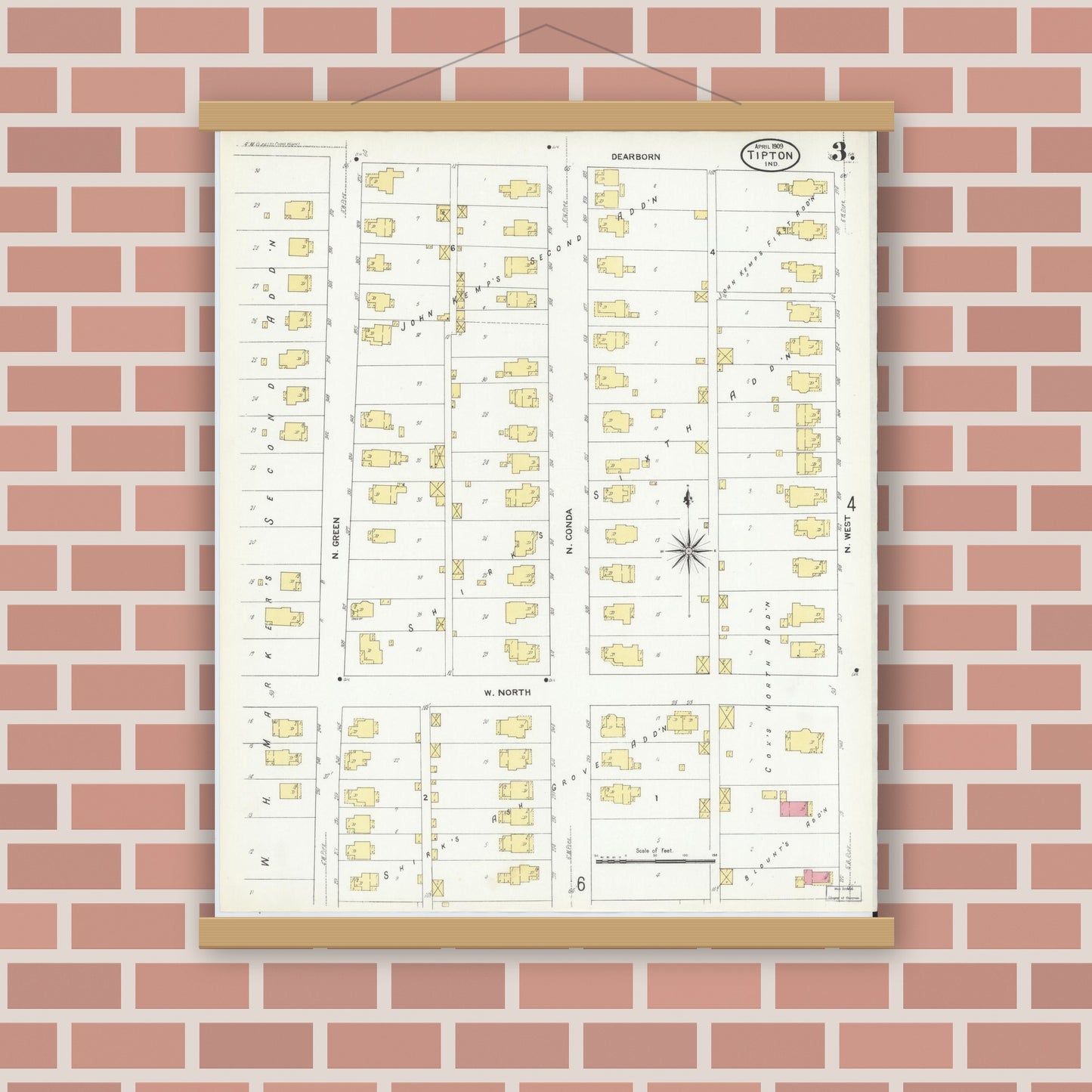 Old map wall art mockup — magnetic wood frame on brick wall — Sanborn Fire Insurance Map from Tipton, Tipton County, Indiana (1909), Sheet #0003