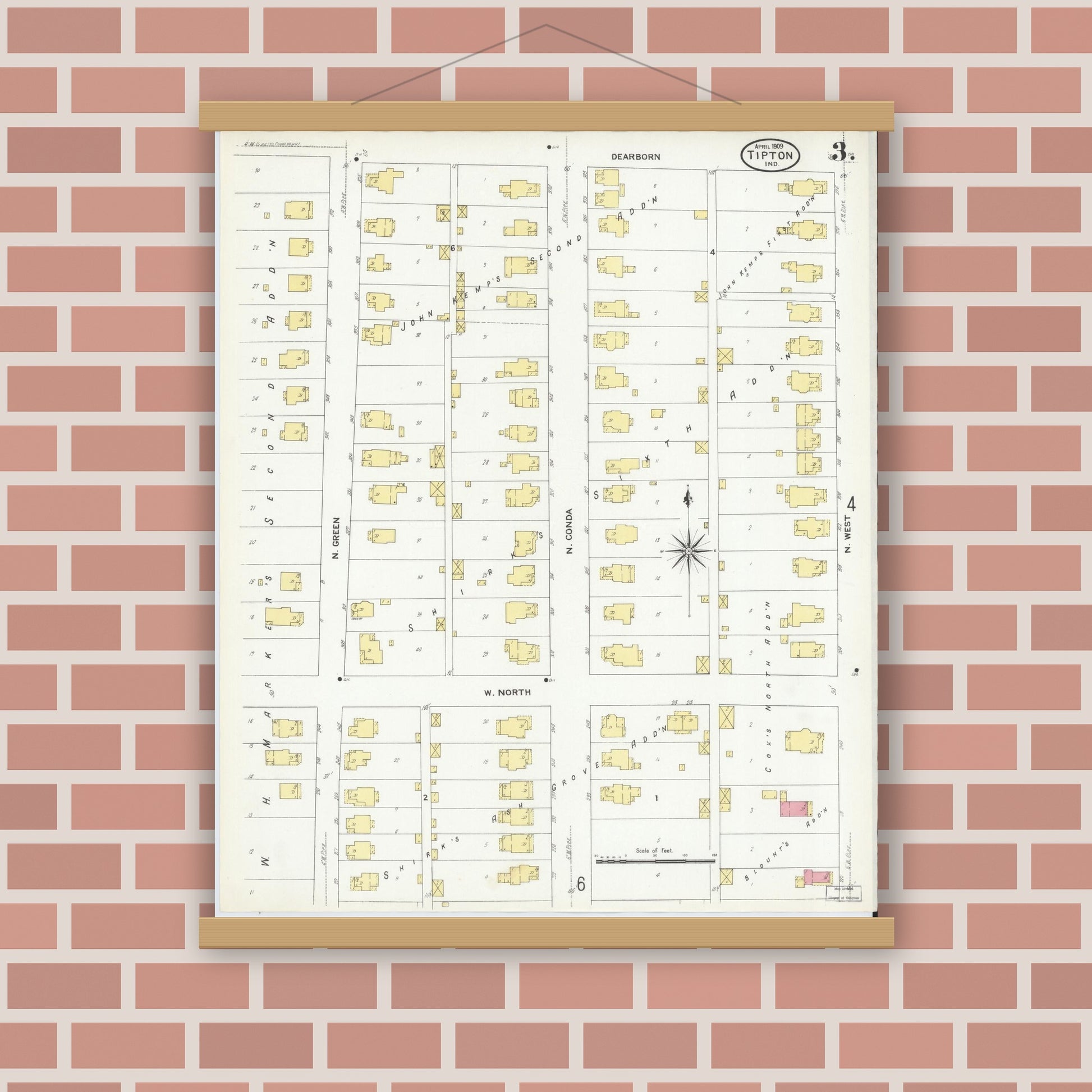 Old map wall art mockup — magnetic wood frame on brick wall — Sanborn Fire Insurance Map from Tipton, Tipton County, Indiana (1909), Sheet #0003