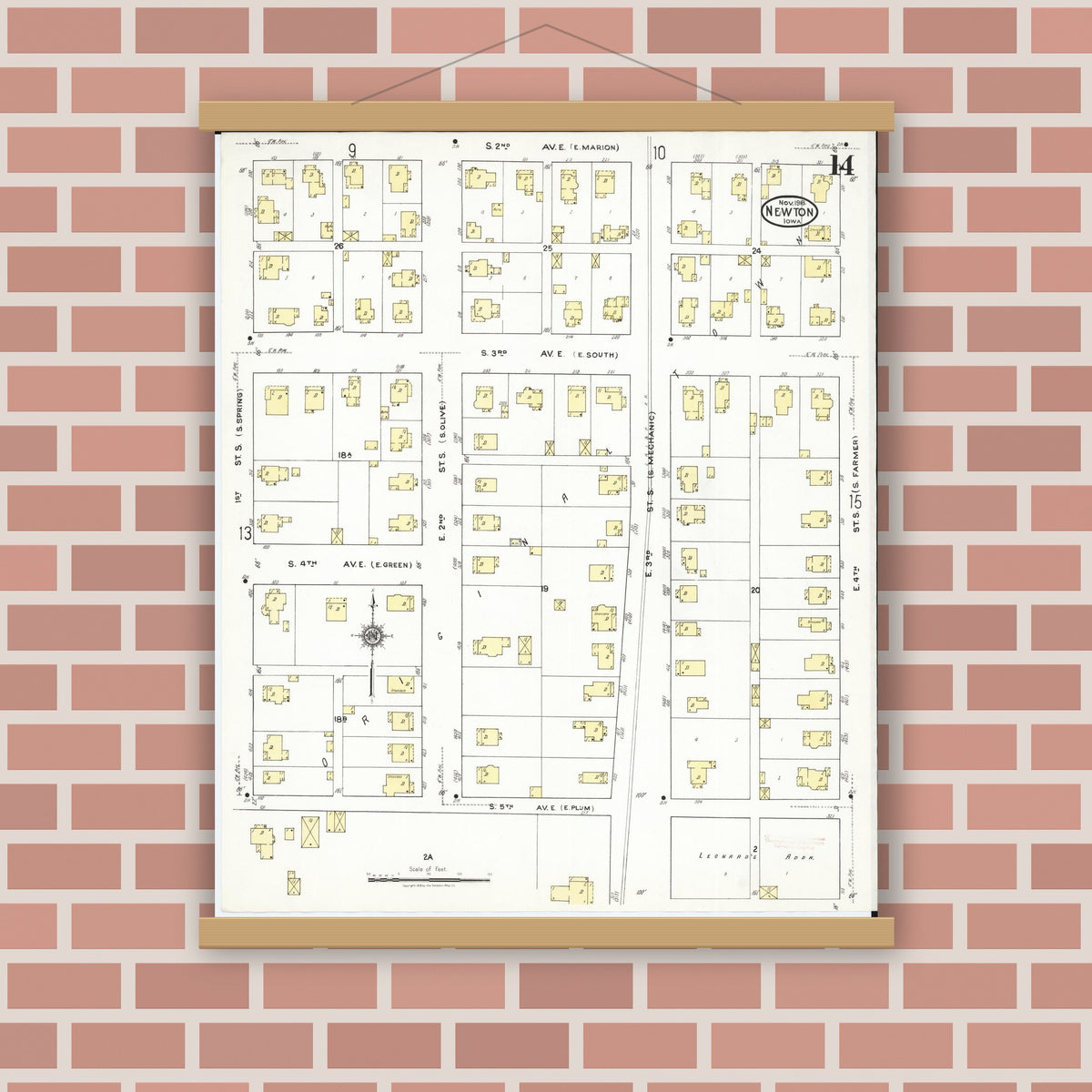 Old map wall art mockup — magnetic wood frame on brick wall — Sanborn Fire Insurance Map from Newton, Jasper County, Iowa (1918), Sheet #0014