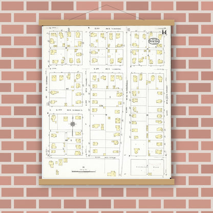 Old map wall art mockup — magnetic wood frame on brick wall — Sanborn Fire Insurance Map from Newton, Jasper County, Iowa (1918), Sheet #0014