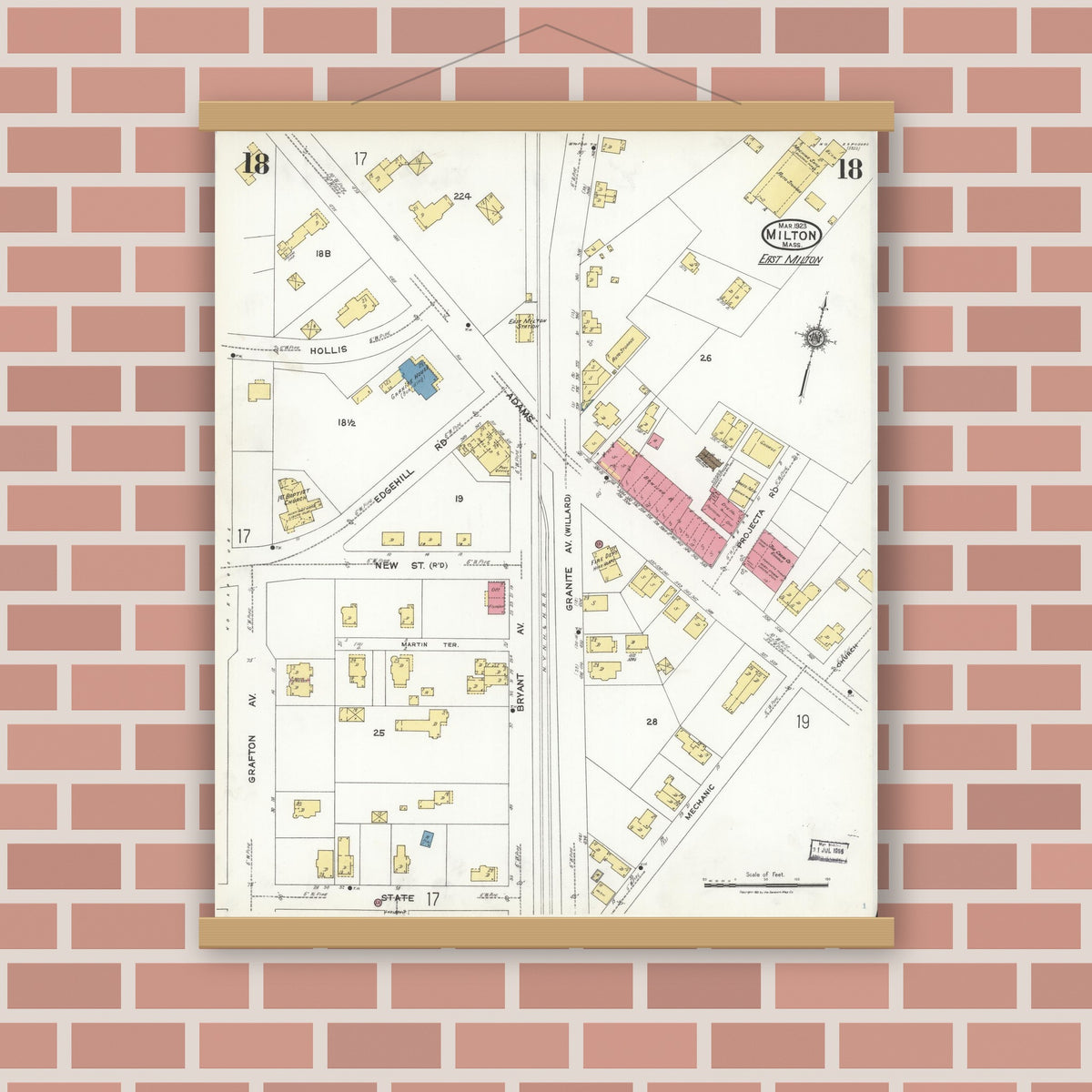 Old map wall art mockup — magnetic wood frame on brick wall — Sanborn Fire Insurance Map from Milton, Norfolk County, Massachusetts (1923), Sheet #0018