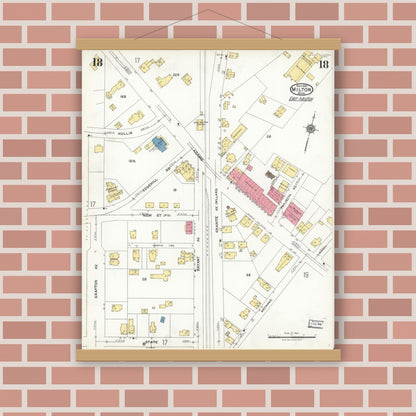 Old map wall art mockup — magnetic wood frame on brick wall — Sanborn Fire Insurance Map from Milton, Norfolk County, Massachusetts (1923), Sheet #0018