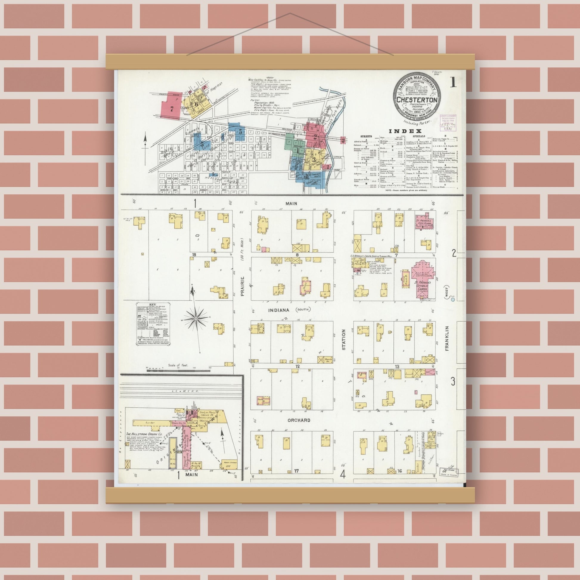 Old map wall art mockup — magnetic wood frame on brick wall — Sanborn Fire Insurance Map from Chesterton, Porter County, Indiana (1905), Sheet #0001