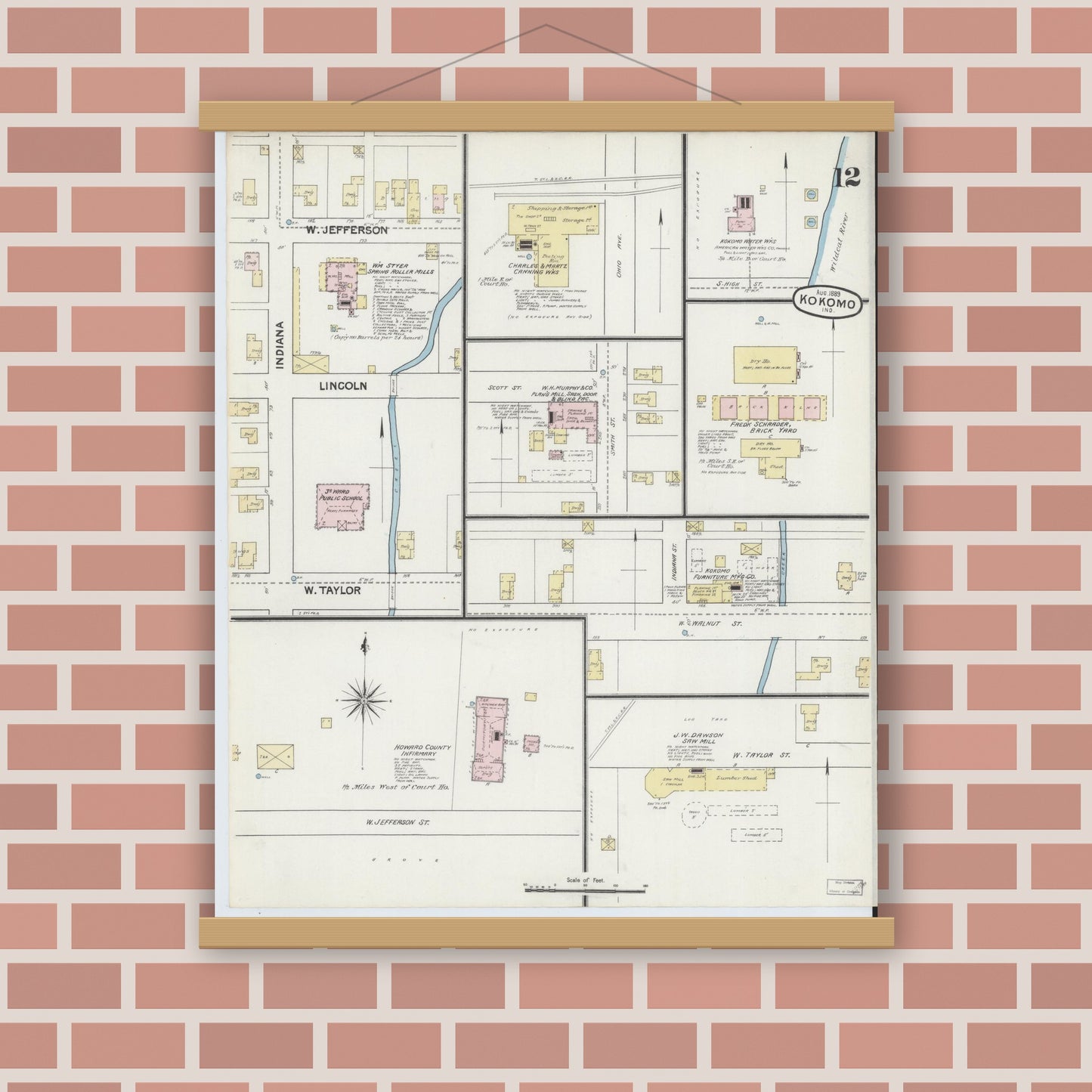 Old map wall art mockup — magnetic wood frame on brick wall — Sanborn Fire Insurance Map from Kokomo, Howard County, Indiana (1889), Sheet #0012