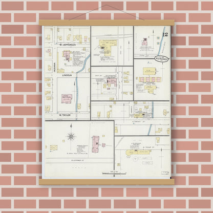 Old map wall art mockup — magnetic wood frame on brick wall — Sanborn Fire Insurance Map from Kokomo, Howard County, Indiana (1889), Sheet #0012