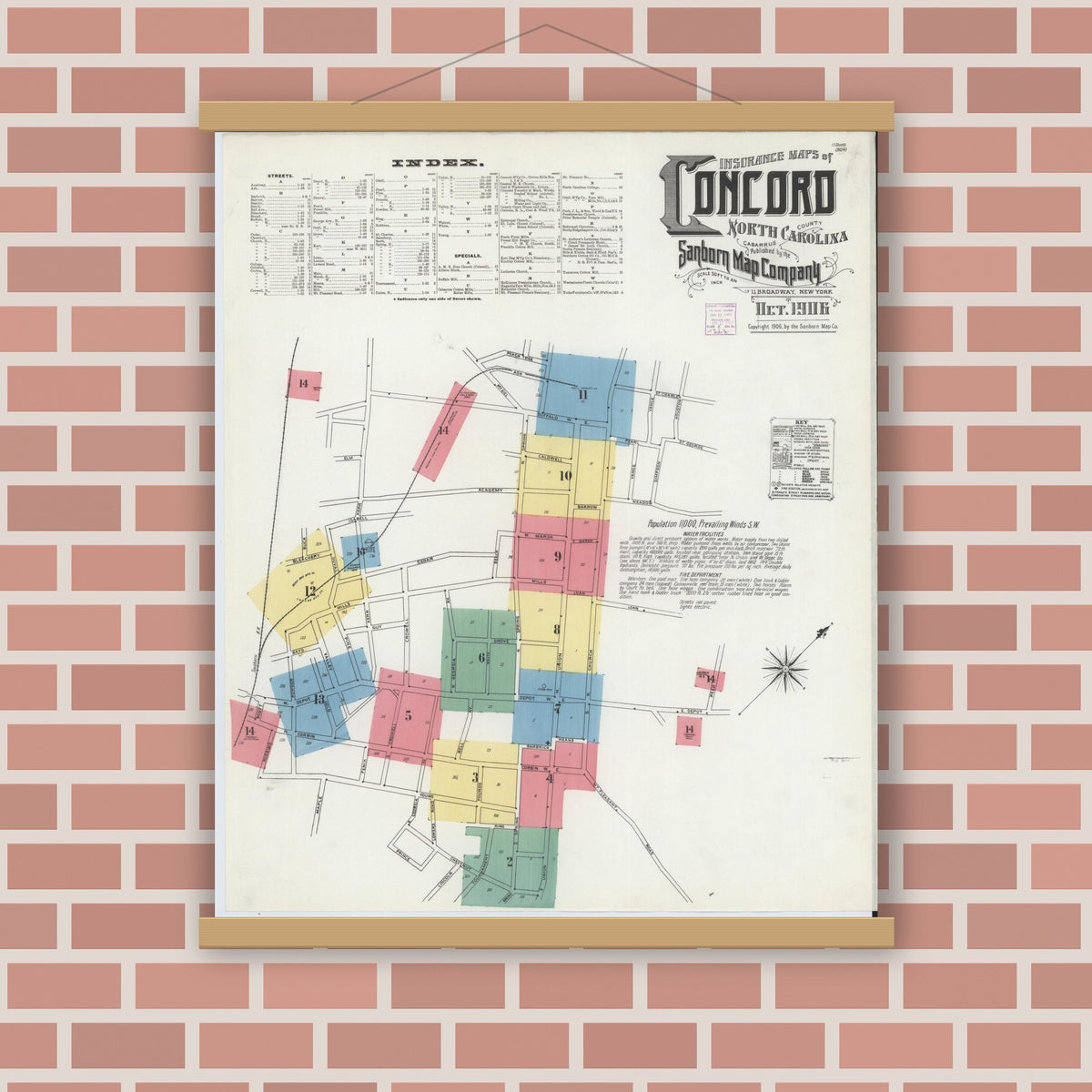 Old map wall art mockup — magnetic wood frame on brick wall — Sanborn Fire Insurance Map from Concord, Cabarrus County, North Carolina (1906) - Complete Map Set