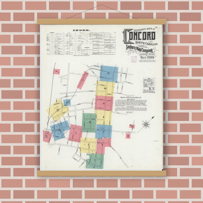 Old map wall art mockup — magnetic wood frame on brick wall — Sanborn Fire Insurance Map from Concord, Cabarrus County, North Carolina (1906) - Complete Map Set