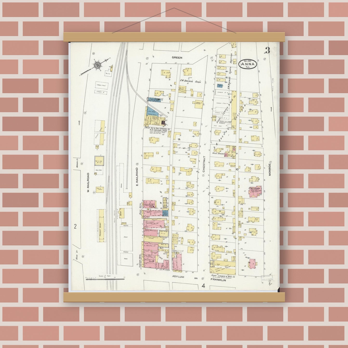 Old map wall art mockup — magnetic wood frame on brick wall — Sanborn Fire Insurance Map from Anna, Union County, Illinois (1910), Sheet #0003