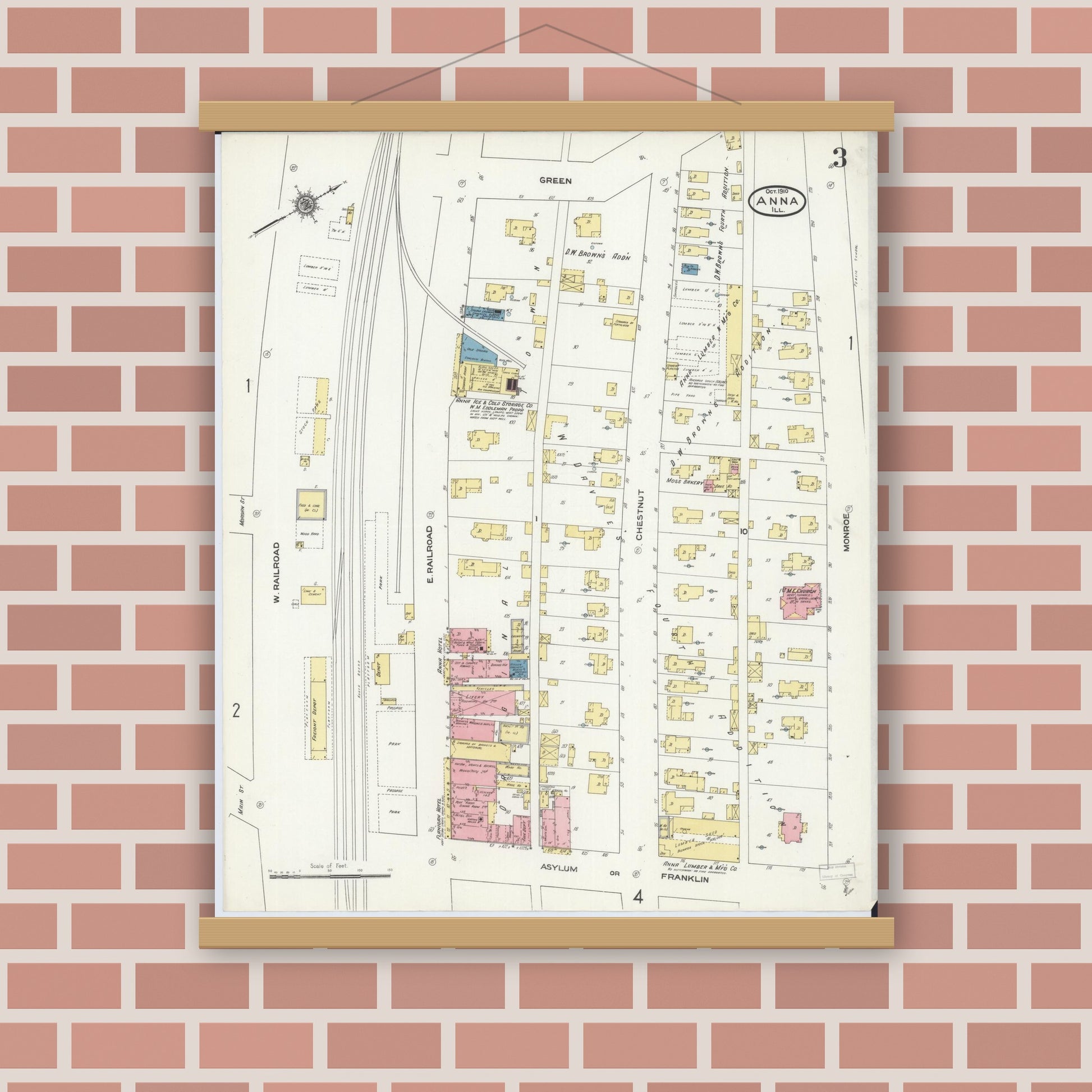 Old map wall art mockup — magnetic wood frame on brick wall — Sanborn Fire Insurance Map from Anna, Union County, Illinois (1910), Sheet #0003