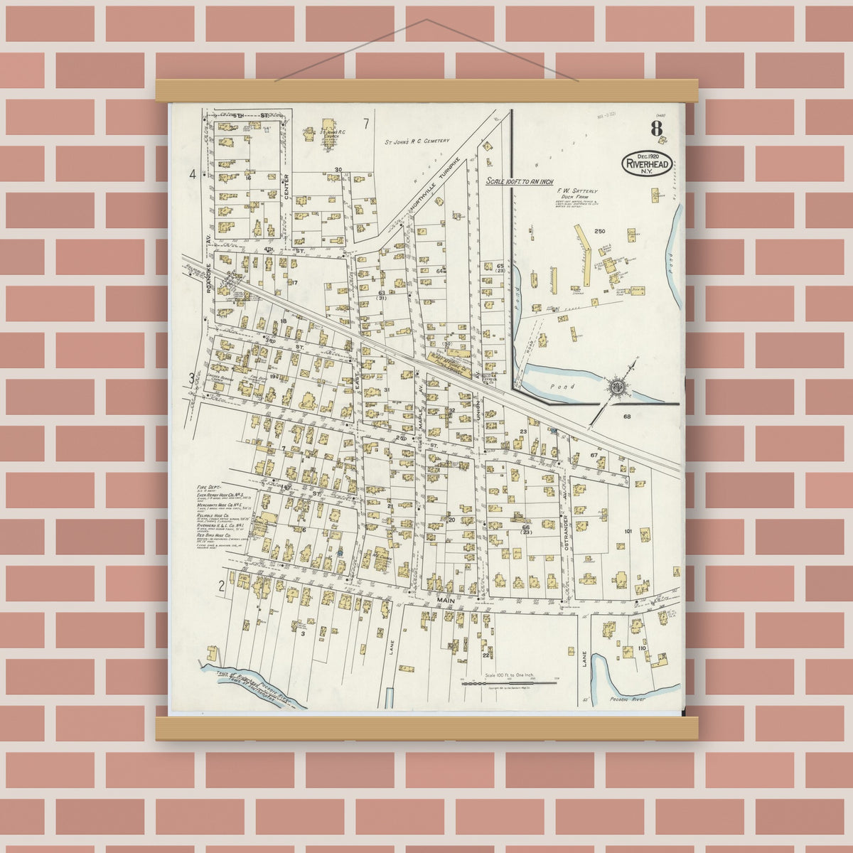Old map wall art mockup — magnetic wood frame on brick wall — Sanborn Fire Insurance Map from Riverhead, Suffolk County, New York (1920), Sheet #0008