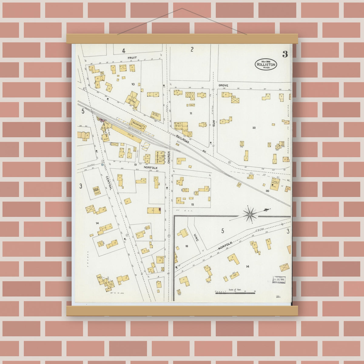 Old map wall art mockup — magnetic wood frame on brick wall — Sanborn Fire Insurance Map from Holliston, Middlesex County, Massachusetts (1906), Sheet #0003