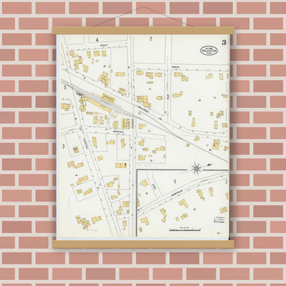 Old map wall art mockup — magnetic wood frame on brick wall — Sanborn Fire Insurance Map from Holliston, Middlesex County, Massachusetts (1906), Sheet #0003