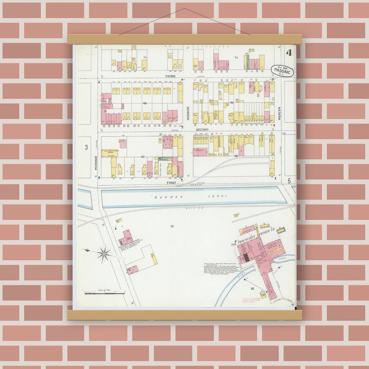 Old map wall art mockup — magnetic wood frame on brick wall — Sanborn Fire Insurance Map from Passaic, Passaic County, New Jersey (1899), Sheet #0004
