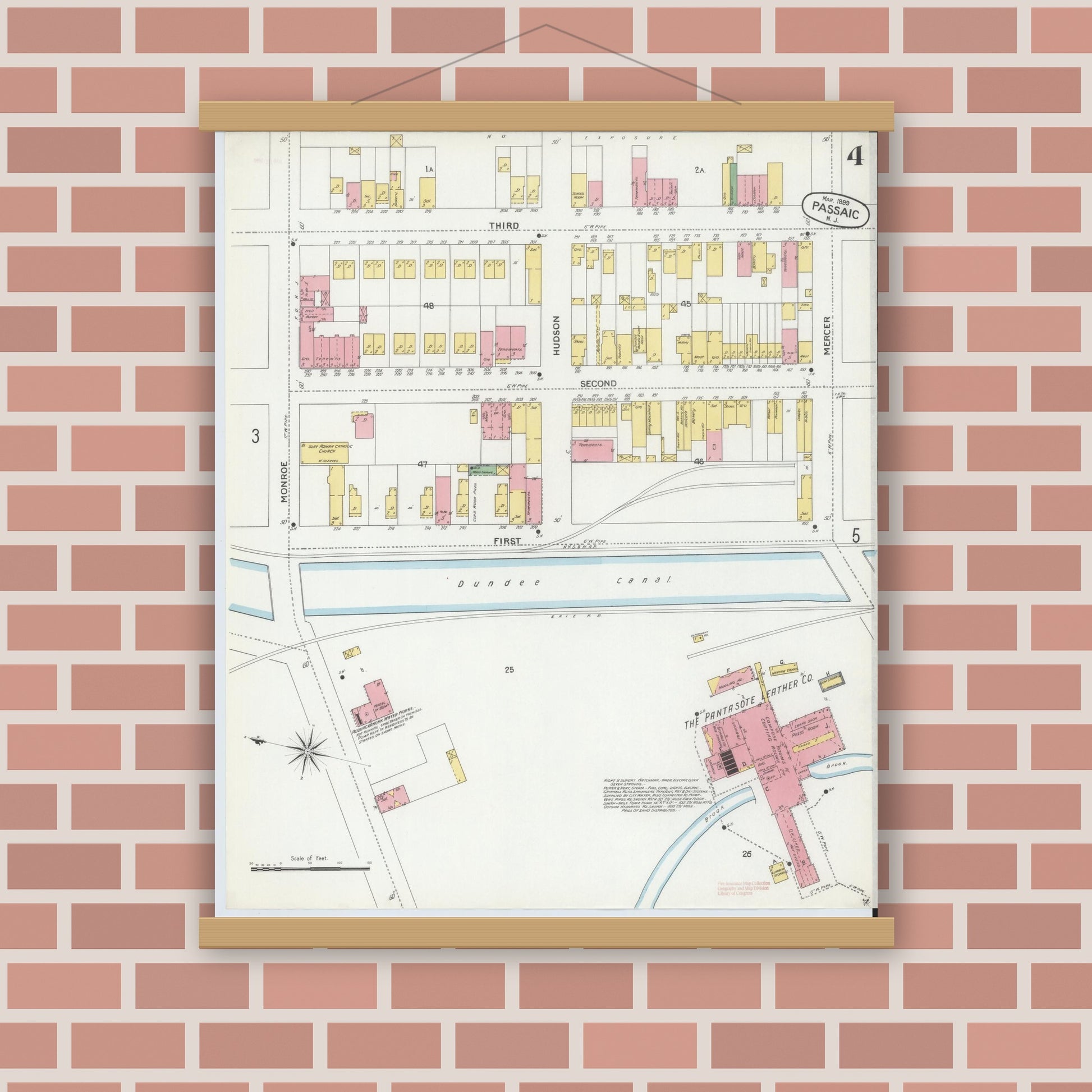 Old map wall art mockup — magnetic wood frame on brick wall — Sanborn Fire Insurance Map from Passaic, Passaic County, New Jersey (1899), Sheet #0004