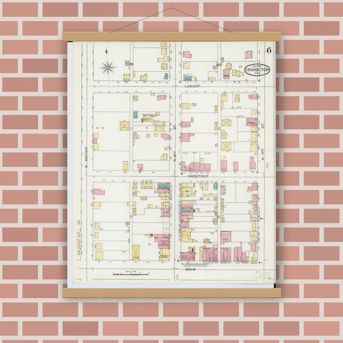 Old map wall art mockup — magnetic wood frame on brick wall — Sanborn Fire Insurance Map from Coshocton, Coshocton County, Ohio (1893), Sheet #0006
