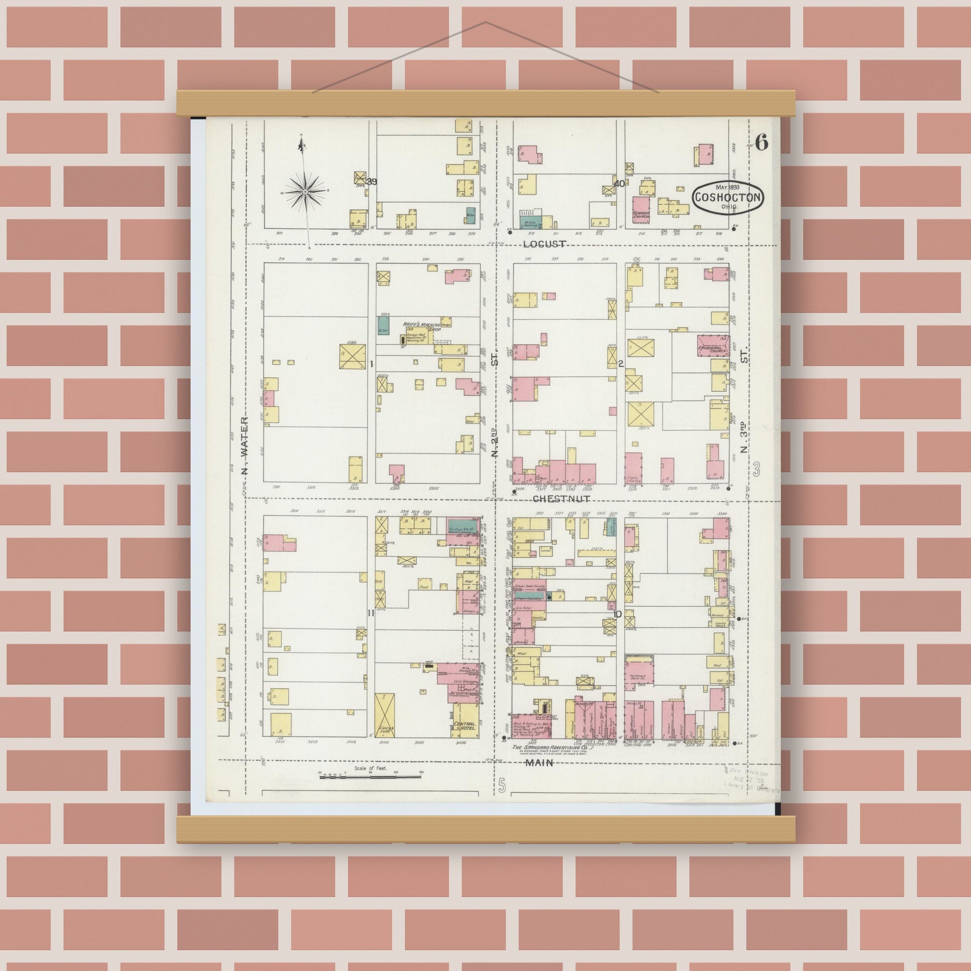 Old map wall art mockup — magnetic wood frame on brick wall — Sanborn Fire Insurance Map from Coshocton, Coshocton County, Ohio (1893), Sheet #0006