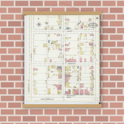 Old map wall art mockup — magnetic wood frame on brick wall — Sanborn Fire Insurance Map from Coshocton, Coshocton County, Ohio (1893), Sheet #0006