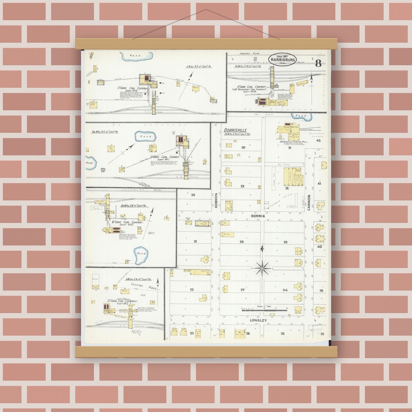 Old map wall art mockup — magnetic wood frame on brick wall — Sanborn Fire Insurance Map from Harrisburg, Saline County, Illinois (1907), Sheet #0008