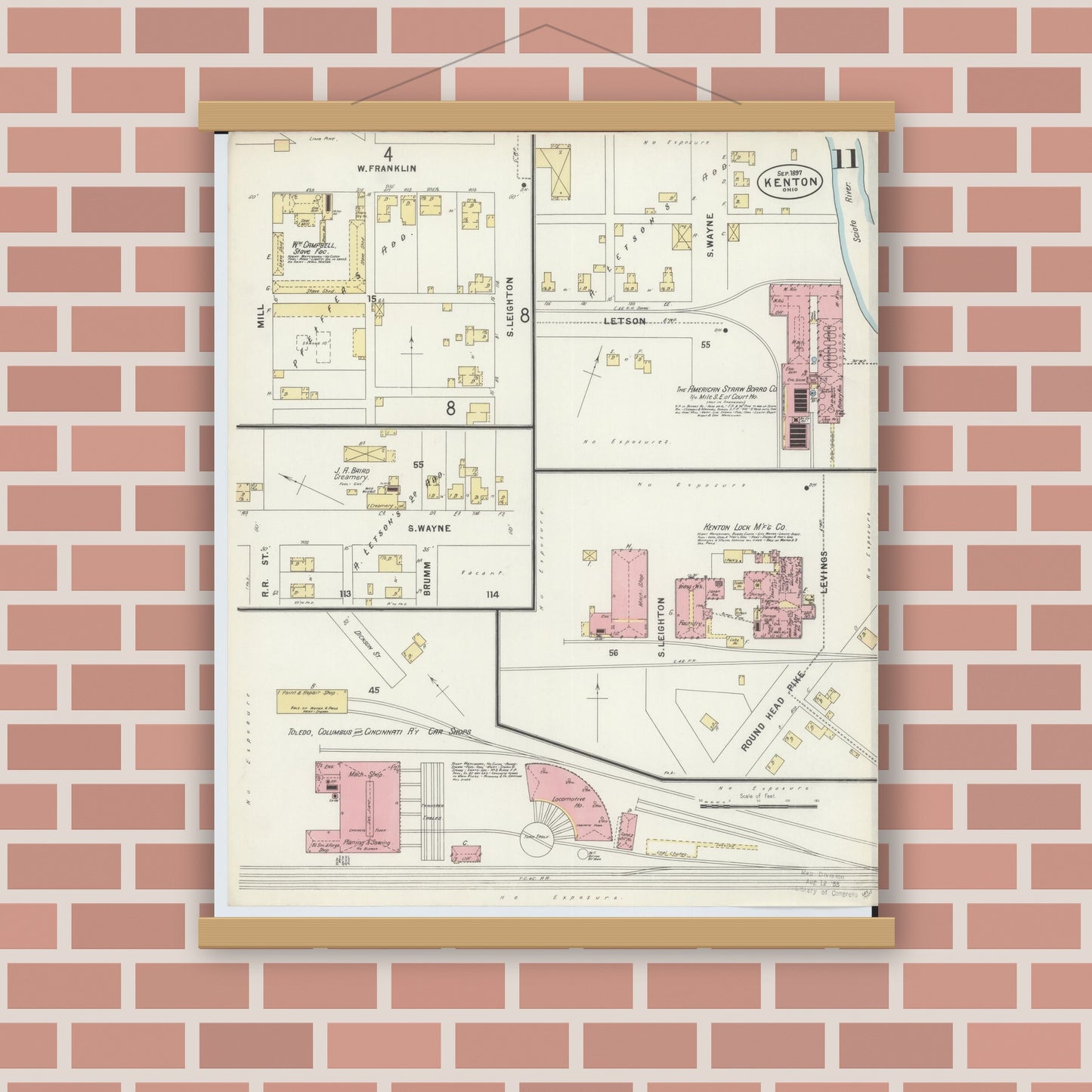 Old map wall art mockup — magnetic wood frame on brick wall — Sanborn Fire Insurance Map from Kenton, Hardin County, Ohio (1897), Sheet #0011