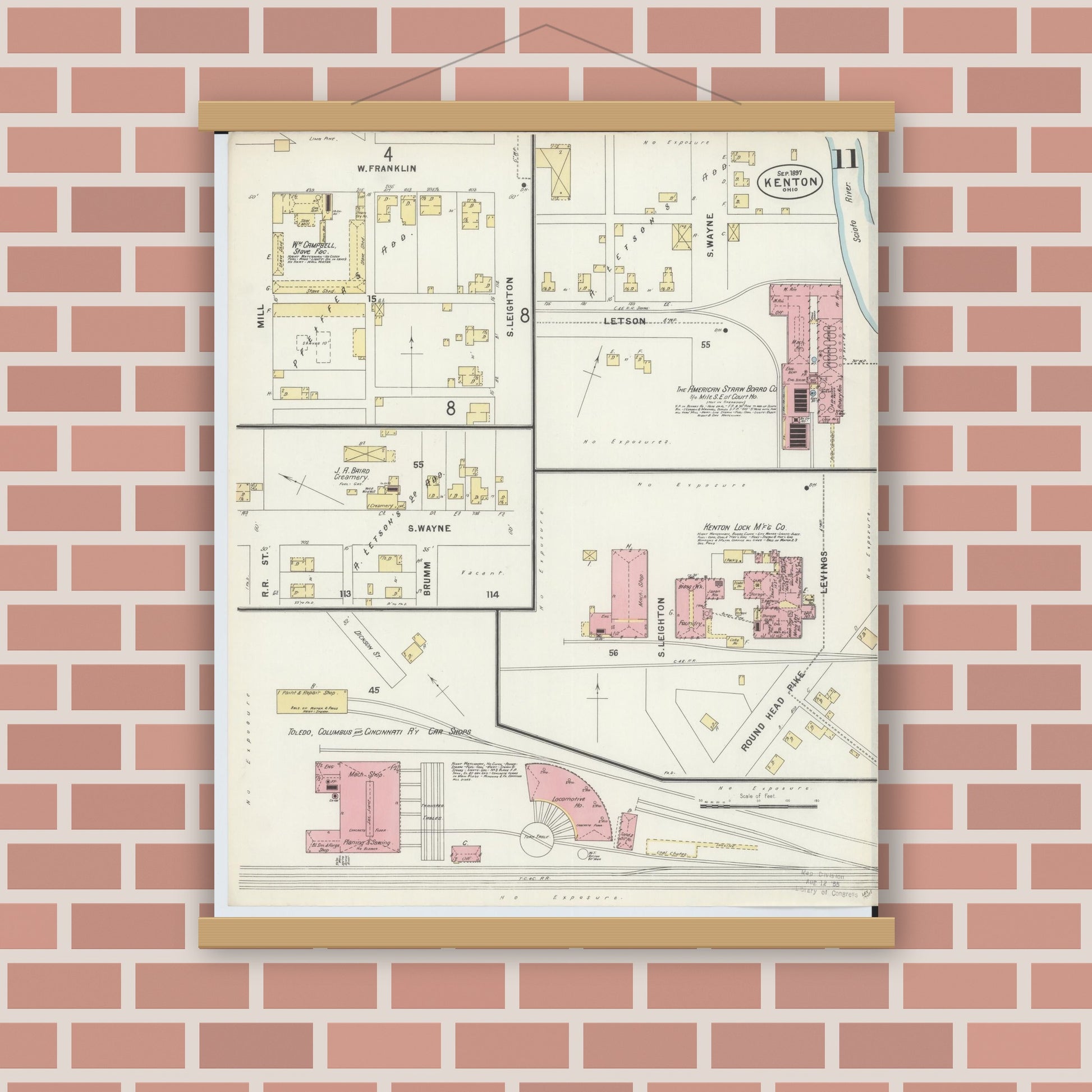Old map wall art mockup — magnetic wood frame on brick wall — Sanborn Fire Insurance Map from Kenton, Hardin County, Ohio (1897), Sheet #0011