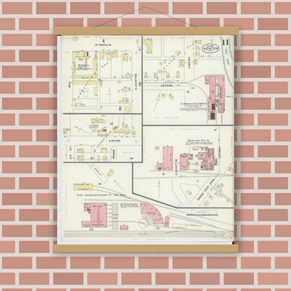 Old map wall art mockup — magnetic wood frame on brick wall — Sanborn Fire Insurance Map from Kenton, Hardin County, Ohio (1897), Sheet #0011