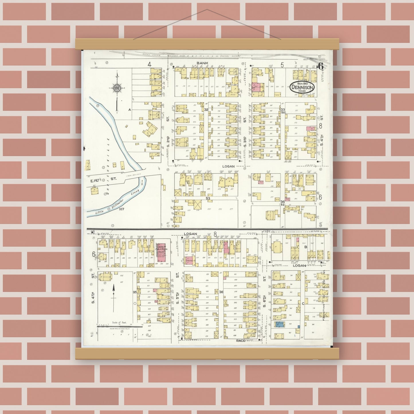 Old map wall art mockup — magnetic wood frame on brick wall — Sanborn Fire Insurance Map from Dennison, Tuscarawas County, Ohio (1921), Sheet #0006