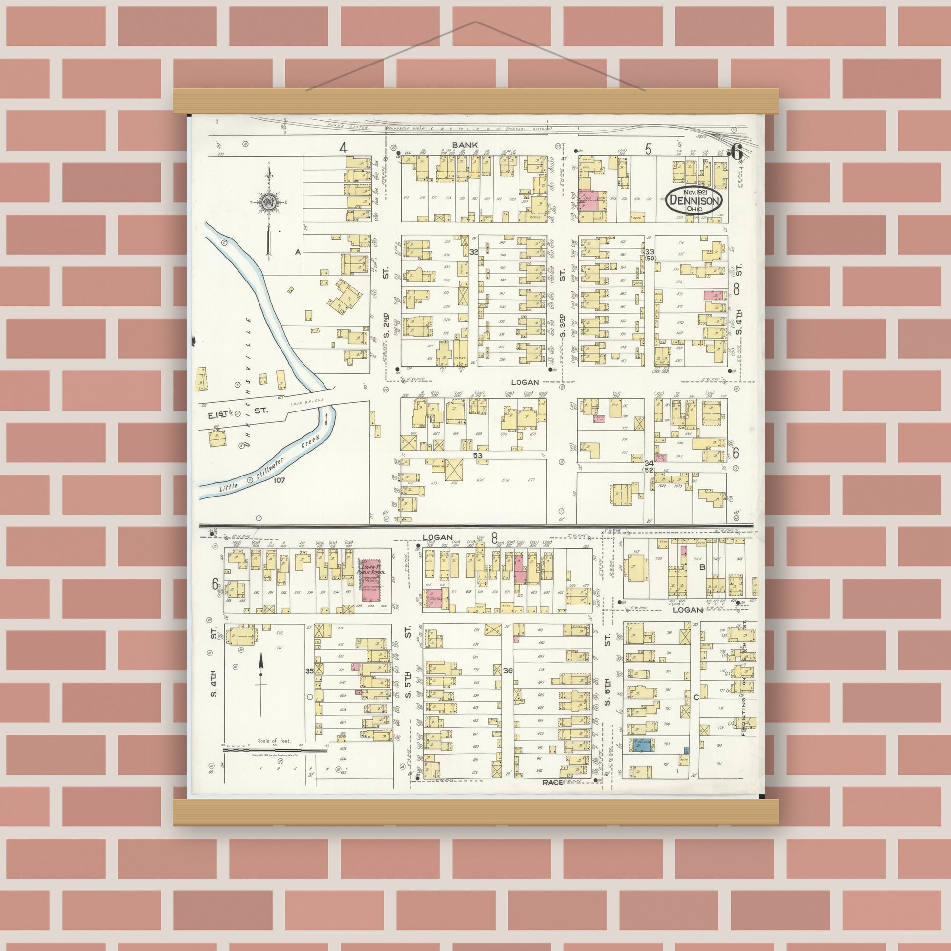 Old map wall art mockup — magnetic wood frame on brick wall — Sanborn Fire Insurance Map from Dennison, Tuscarawas County, Ohio (1921), Sheet #0006