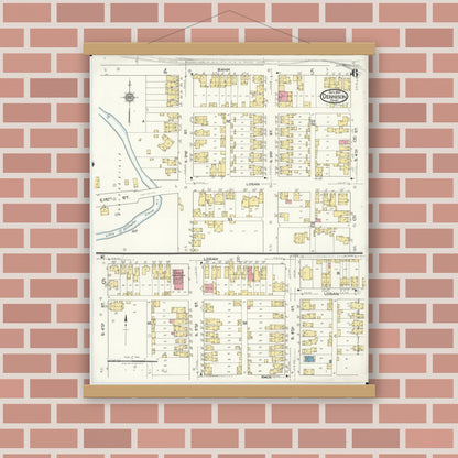 Old map wall art mockup — magnetic wood frame on brick wall — Sanborn Fire Insurance Map from Dennison, Tuscarawas County, Ohio (1921), Sheet #0006