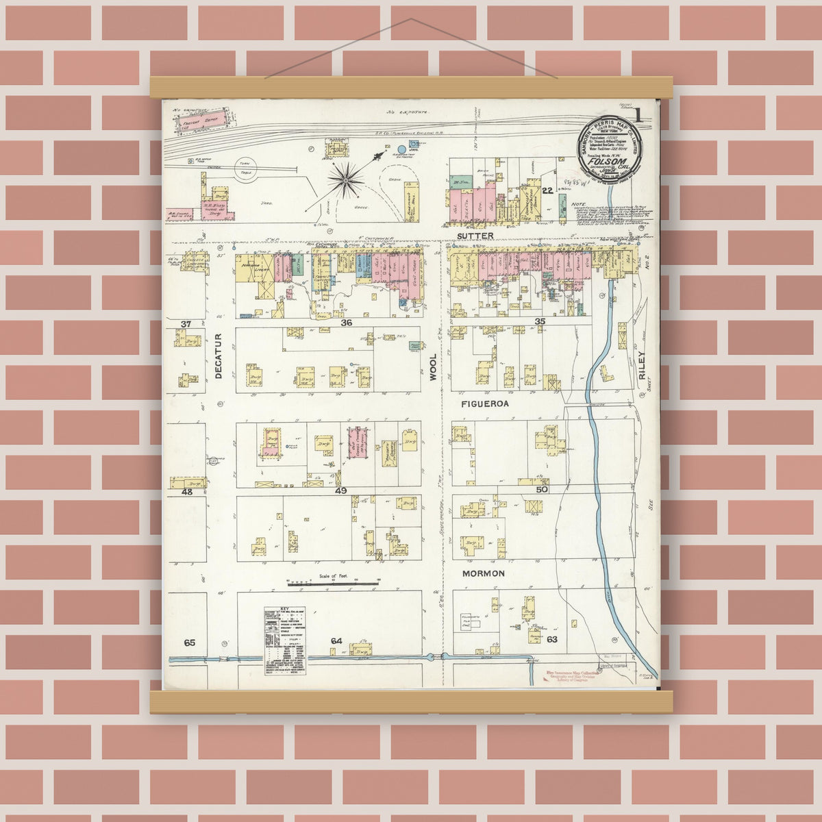 Old map wall art mockup — magnetic wood frame on brick wall — Sanborn Fire Insurance Map from Folsom, Sacramento County, California (1891) - Complete Map Set