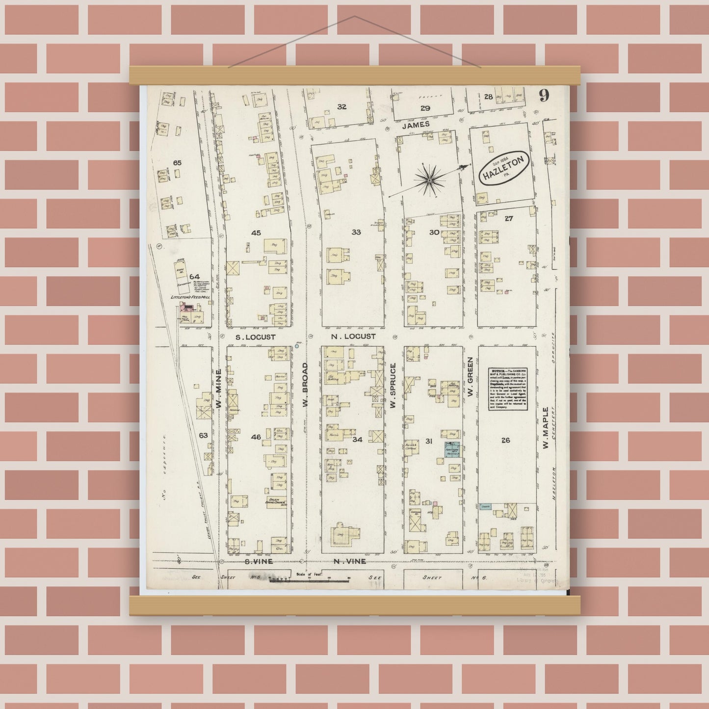 Old map wall art mockup — magnetic wood frame on brick wall — Sanborn Fire Insurance Map from Hazleton, Luzerne County, Pennsylvania (1884), Sheet #0009